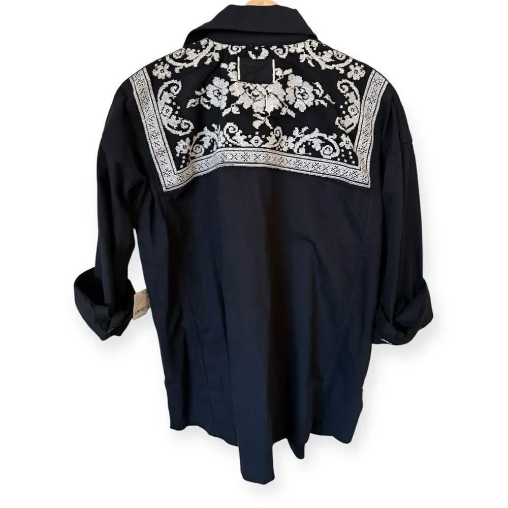 Free People Lace Embroidered Denim Buttondown Shirt